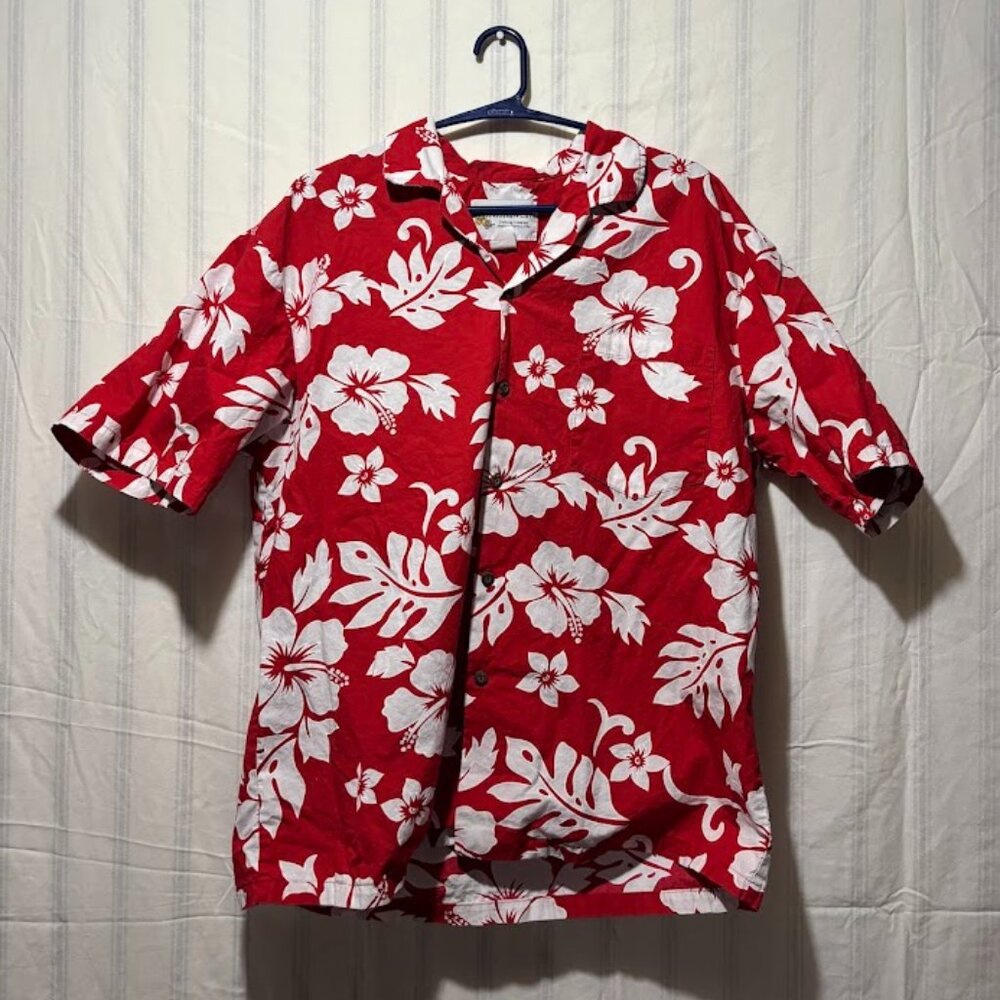 Alohawears Size L Hawaii Red Hibiscus Classic Tropical Camp Shirt Cotton